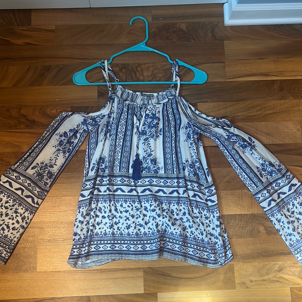 Blue and white off the shoulder shirt